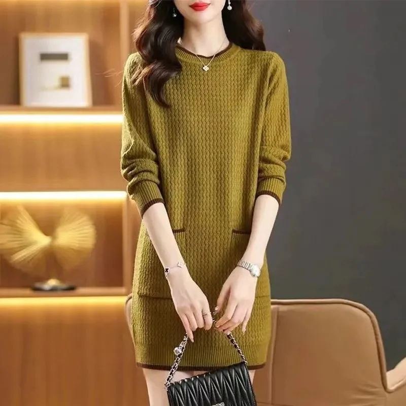 

Autumn Winter Women's Sweater Pullover New Fashion Color blocked O-neck Long Sleeved Medium Length Knitted Sweater Female Tops