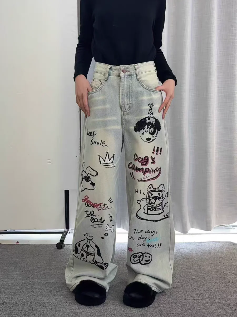 

Y2K Graffiti Dog Print Wide Leg Jeans Women Streetwear Letter Pattern Baggy Denim Pants Trendy Loose Straight Leg Trousers New