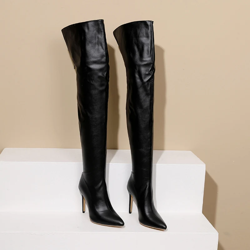 Pointed Toe Super High Thin Heel Sexy Women's Knee Boots Comfortable Leather Plush Lining 2023 Winter Long Tube Boots