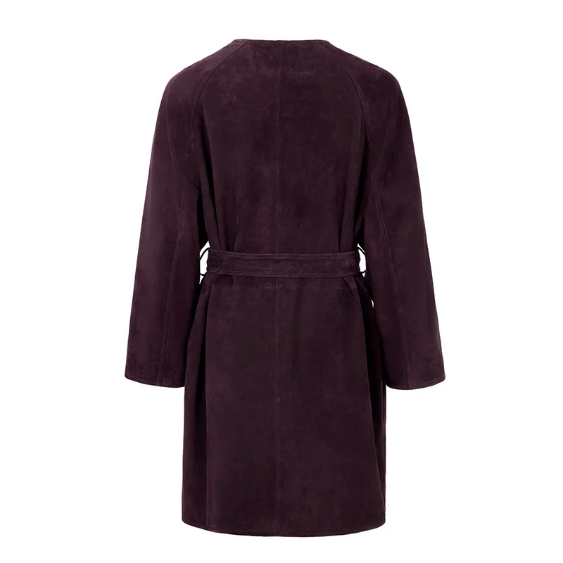 Graben aus 100 % echtem Leder für Damen, Herbst und Winter, hochwertiges Ziegenleder-Wildleder, einreihig, mit Schnürung, mittellanger Damenmantel