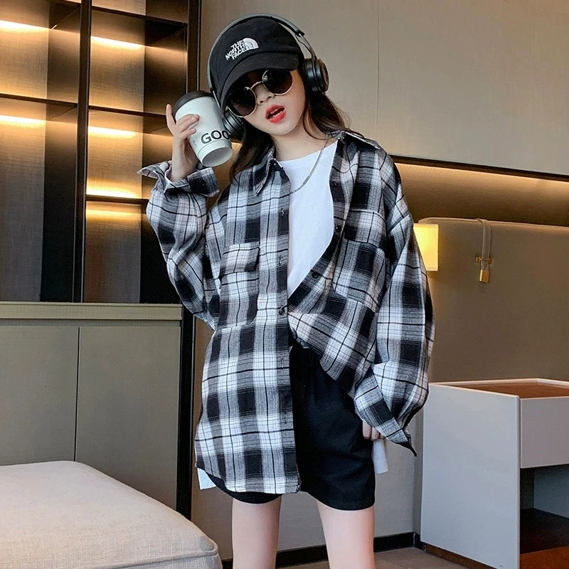 4 5 6 8 10 12 14 Years Autumn Girls Shirt New Grid Fashion Long Sleeve Spring Jacket Birthday Gifts Teenagers Children Clothing