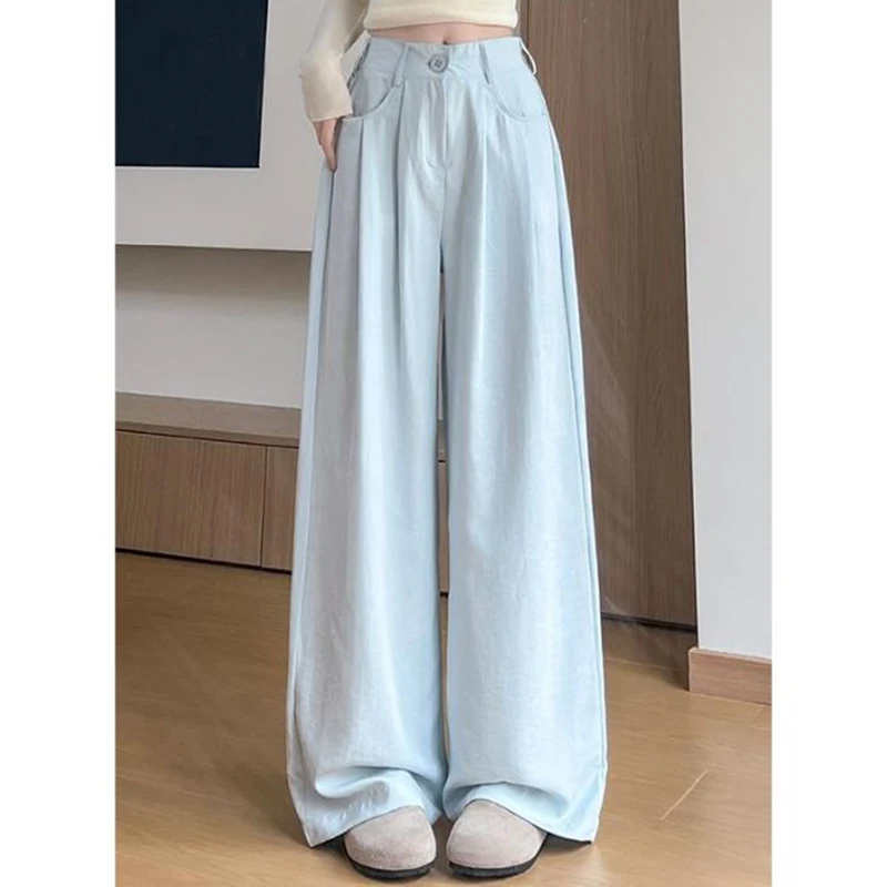 2025 ฤดูร้อนผู้หญิงเก๋ชุดกางเกงขากว้างหญิงผ้าไหมน้ําแข็งบาง Baggy Casual กางเกงเลดี้สีทึบ Basic กางเกงเอวสูง