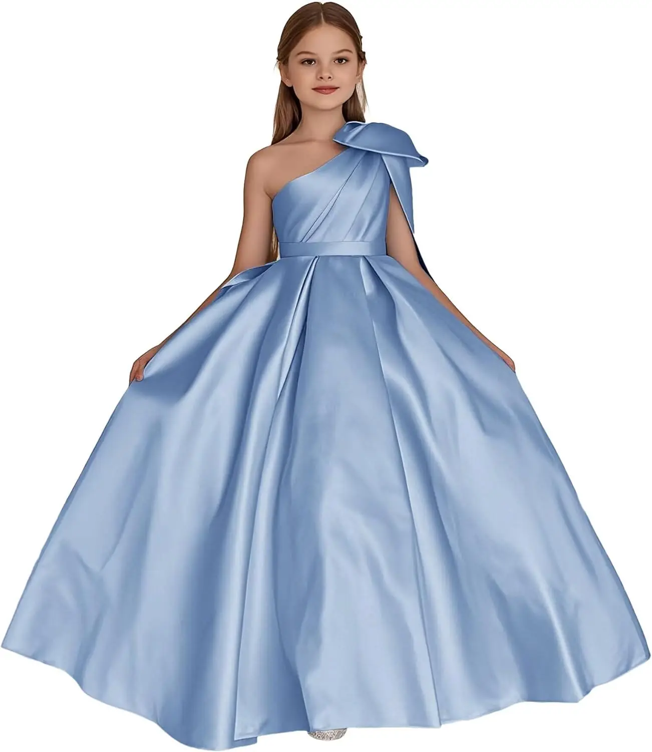 Cetim um ombro vestido da menina de flor com arco casamento princesa pageant vestido de festa inchado formal primeira comunhão vestido de baile