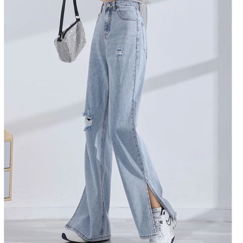 2023 Lente/Zomer Nieuwe Breakout Split Stijl Jeans Voor Vrouwen Hoge Taille Slanke Losse Mode Wijde Pijpen Broek Trend