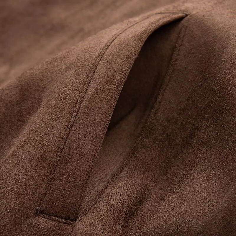 KEYANKETIAN 가을 겨울 신상 여성 의류 라펠 숄더 패치 불규칙 플래킷 벨트 루즈 스웨이드 재킷 여성 코트