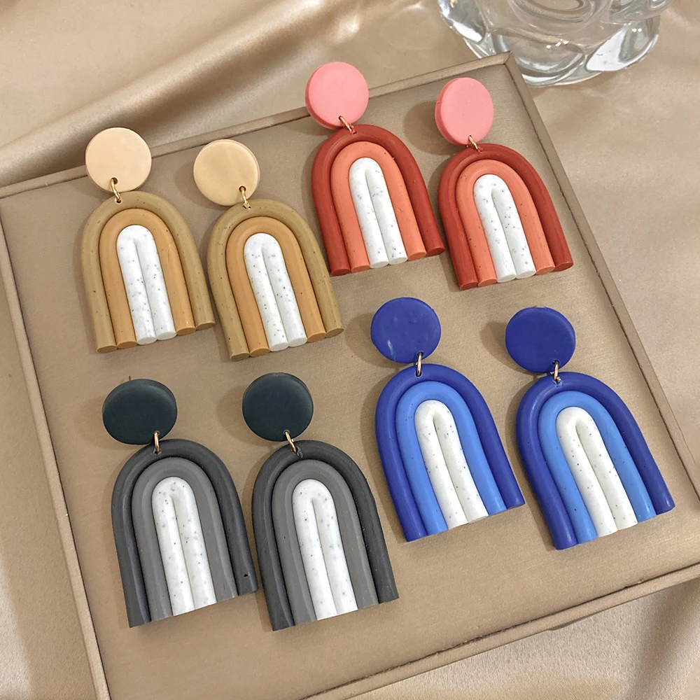 AENSOA Trendy Minimalist Geometric Arch Rainbow Dangle Earrings Multicolor U Shape Clay Arch Pendant Drop Earrings Women Jewelry