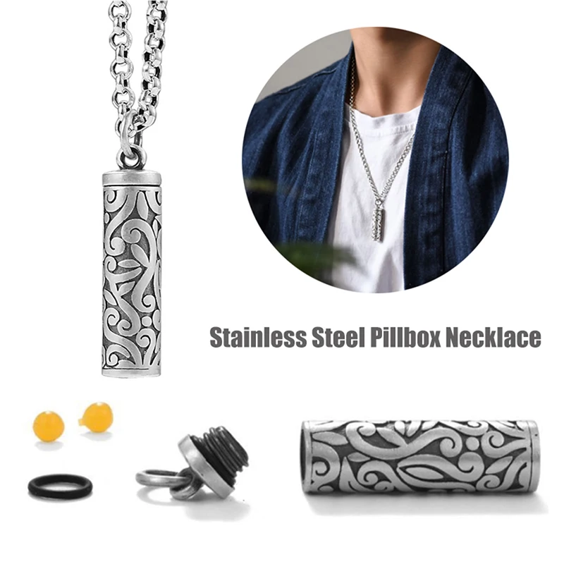 1PC Stainless Steel Cylinder Pill Case Necklace - Memorial Urn Pendant Jewelry for Pill Storage