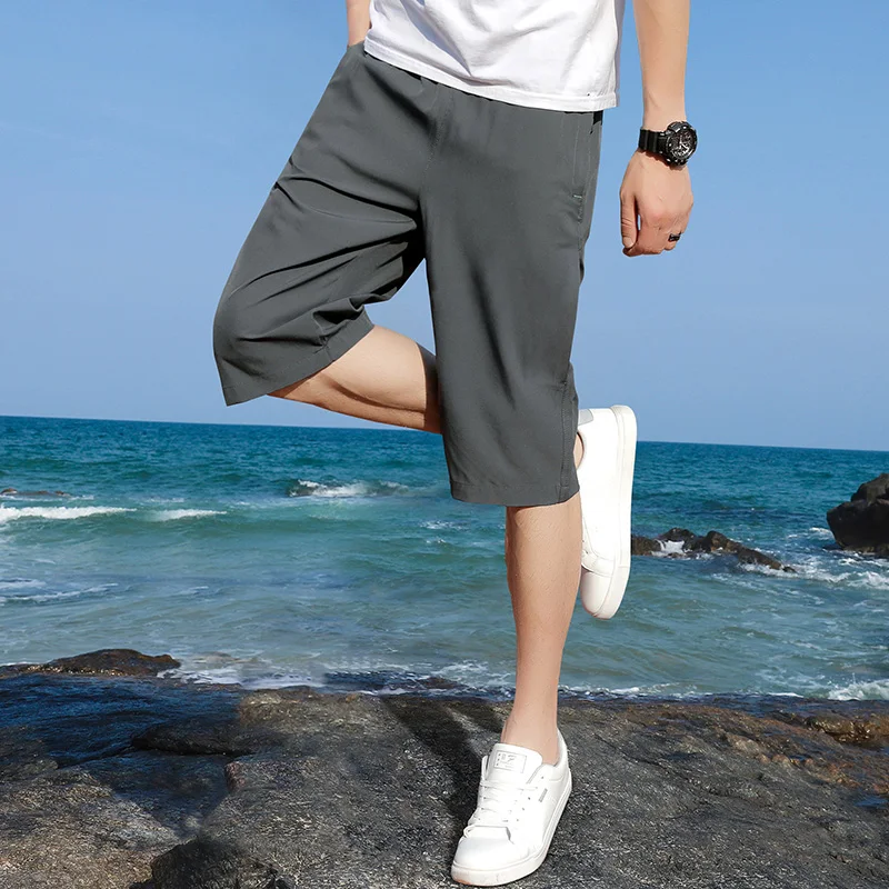 New Fashionable Versatile Men'S Thin Ice Silk Casual Sports 7-Point Trousers Solid Color Summer Quick Drying Loose Beach Pants