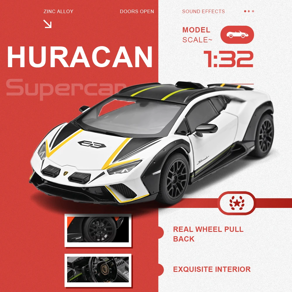 

1:32 Scale Huracan V12 Miniature Model Sports Car Toys Alloy Diecast Rubber Tires Pull Back Doors Opened Birthday Supercar Gifts