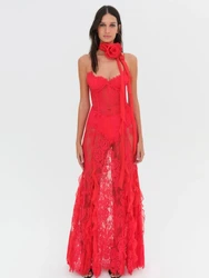 Sexy Spaghetti Straps Lace Long Dress With Flower Necklace Women Red Sleeveless Ruffles Slim Long Dresses Evening Party Cocktail