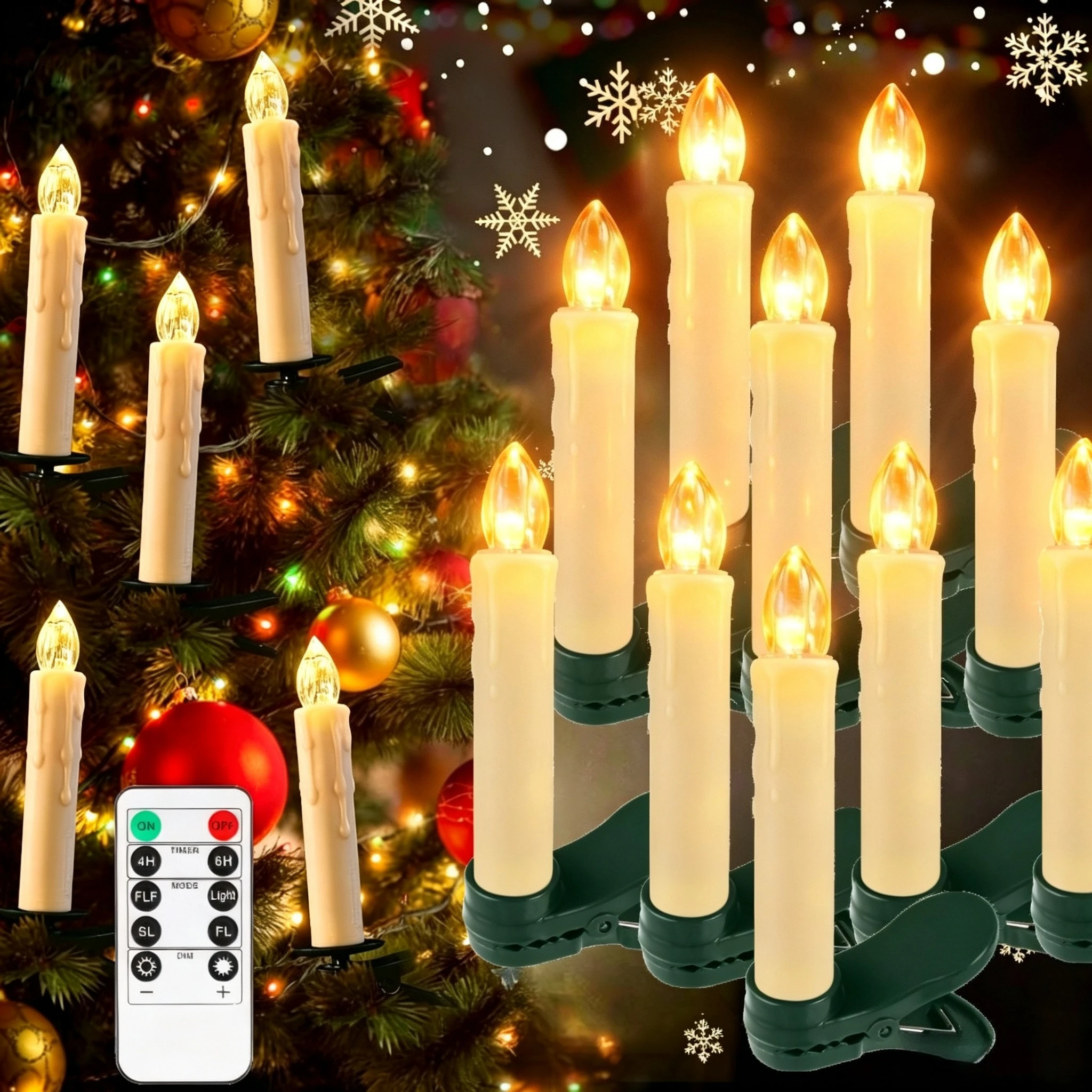 Christmas Tree Candles Battery Operated LED Flameless Taper Candles Flickering with Timer & Remote Control & Clips String Candle