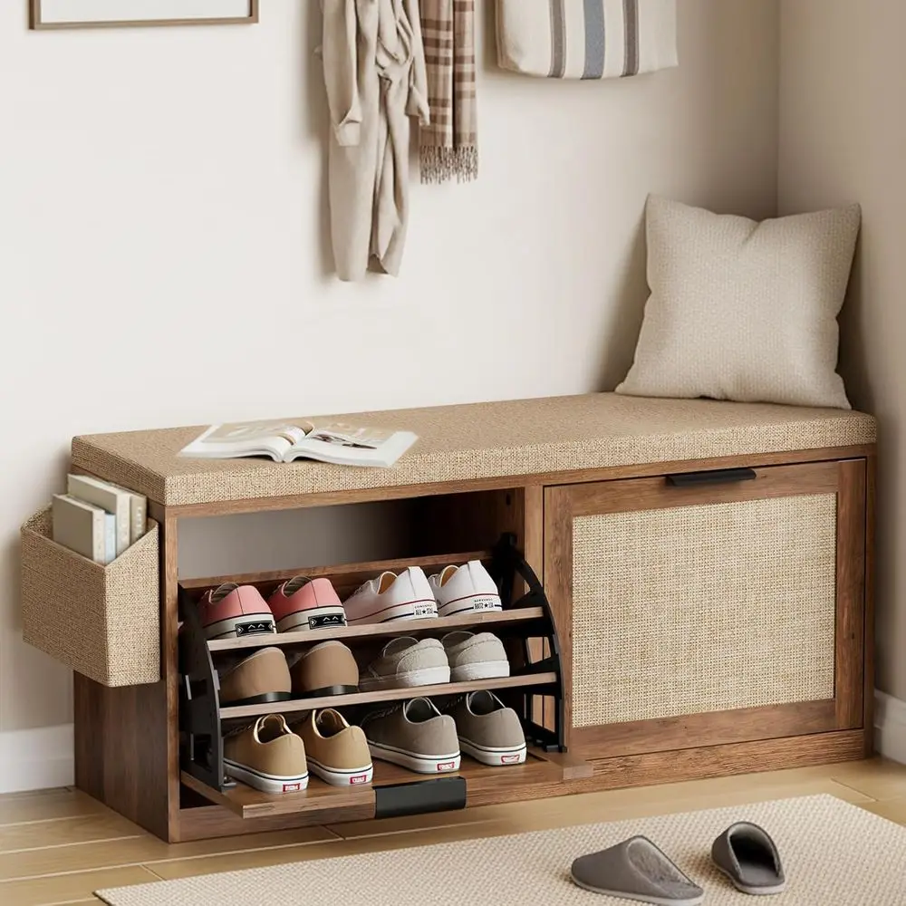 

Shoe Storage Bench with Cushion, Entryway Seat, Rattan Shoe Rack Cabinet for Hallway, Mudroom, Bedroom
