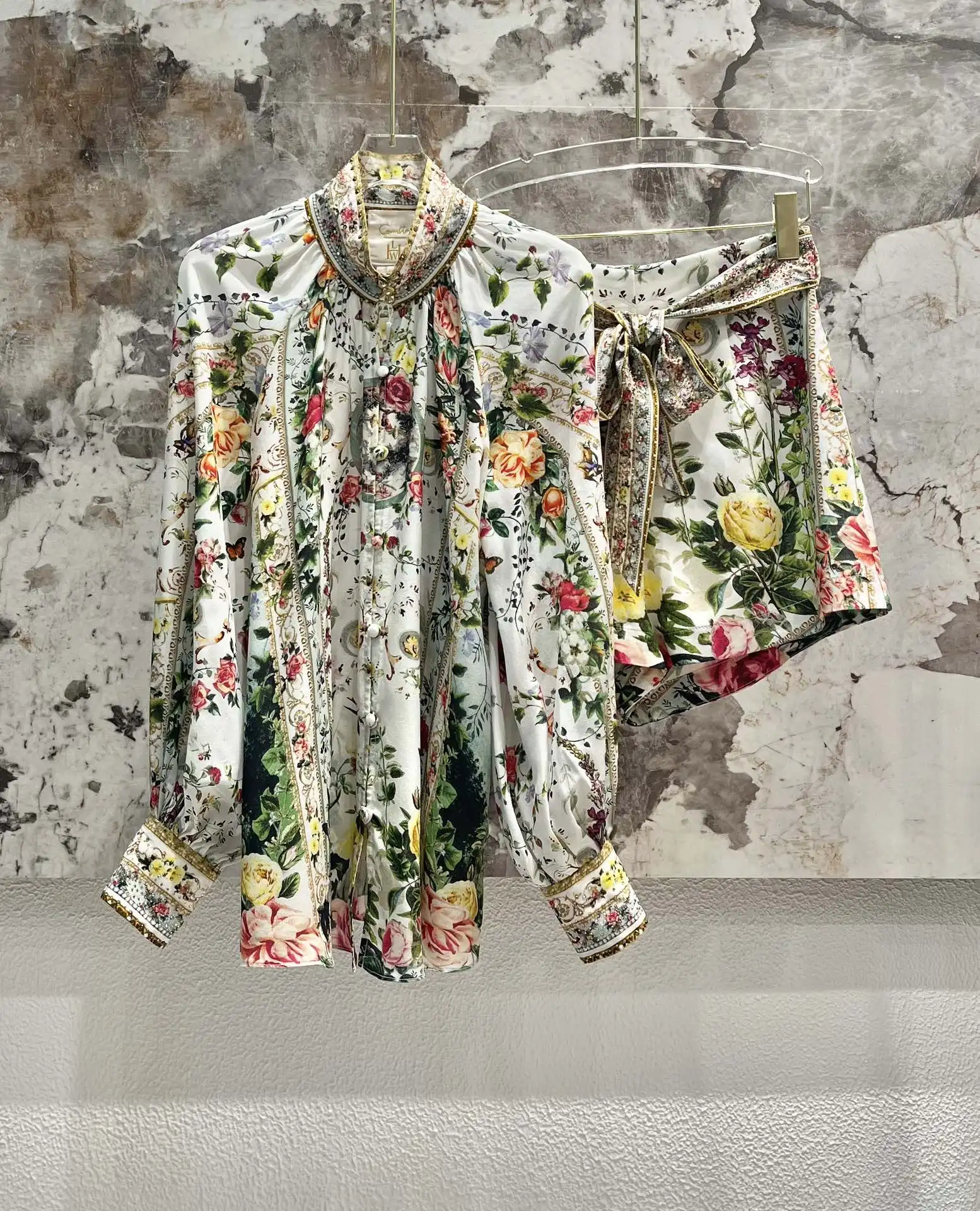 Women Blouse Flower Printed 100% Silk Beaded Single Breasted Casual Shirt Or High Waist Shorts