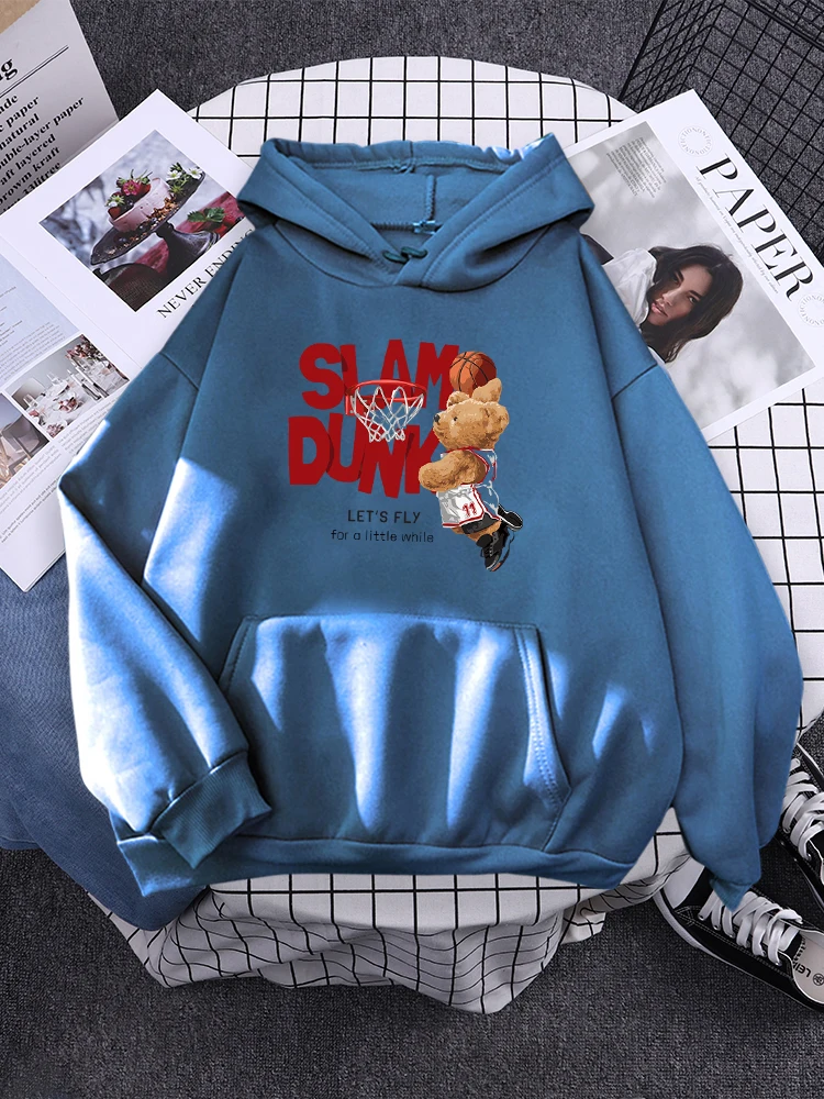 Teddy Bear Slam Dunk Let'S Fly For A Little While Women Hoodies Hip Hop Street Pullover Fashion Hoody Cartoons Loose Clothes