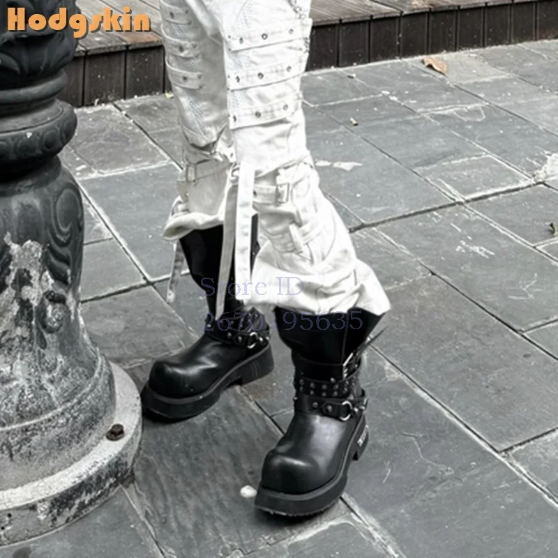 Dark Rivet Lace-up Motorcycle Boots Round Toe Studded Punk Belt Buckle Strap Mid-calf Boots 2026 New Men's and Women's Riding Sh