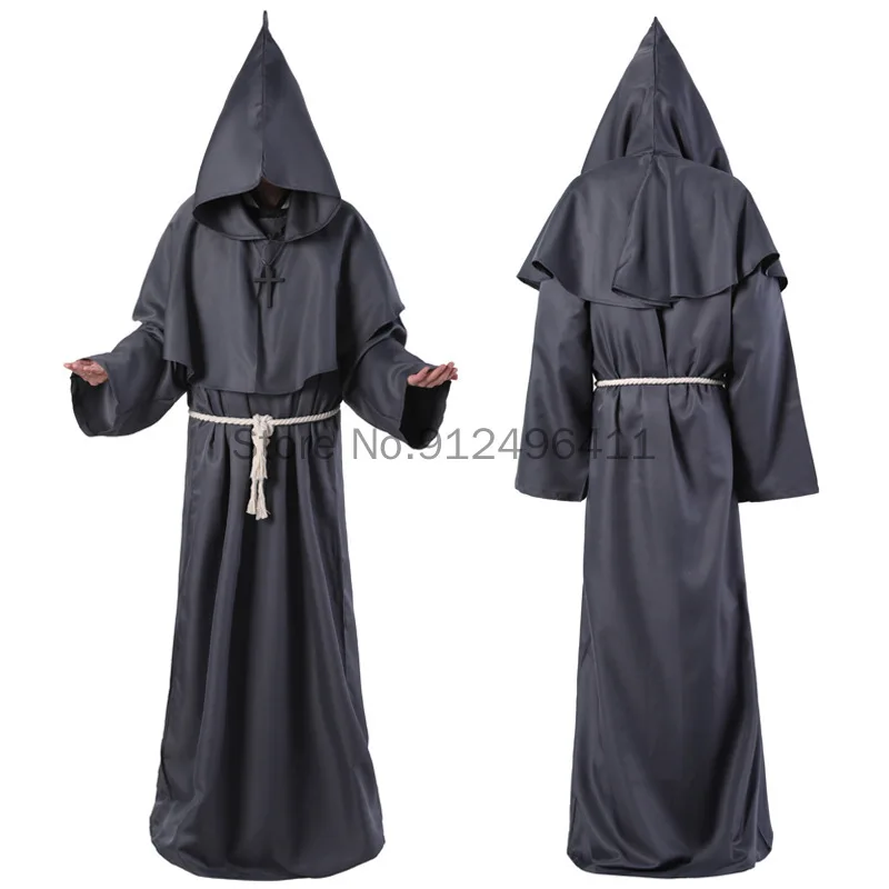 Halloween Costume Men Women Vintage Renaissance Monk Medieval Cosplay Cowl Friar Priest Hooded Robe Rope Cloak Cape