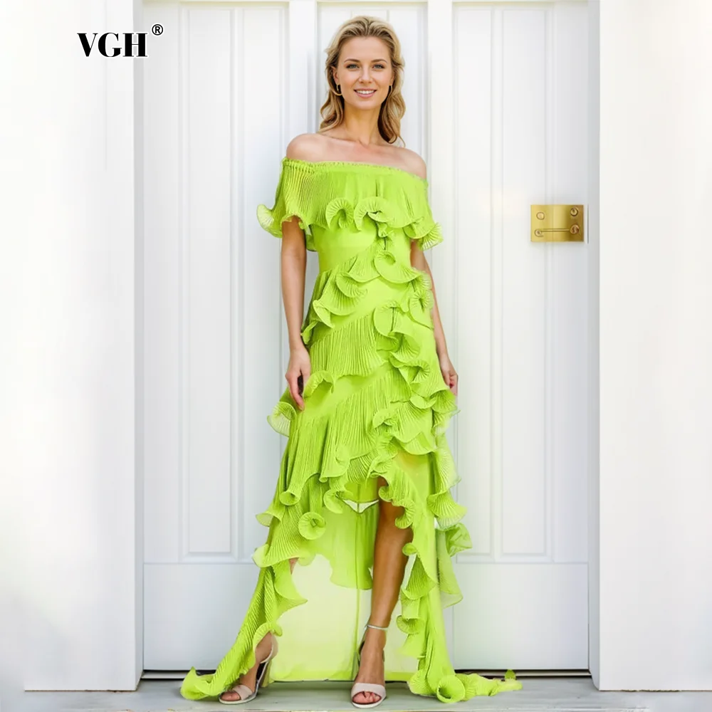 

VGH Solid Patchwork Ruffles Long Dresses For Women Slash Neck Off The Shoulder Sleeve Backless High Waist Elegant Dress Female