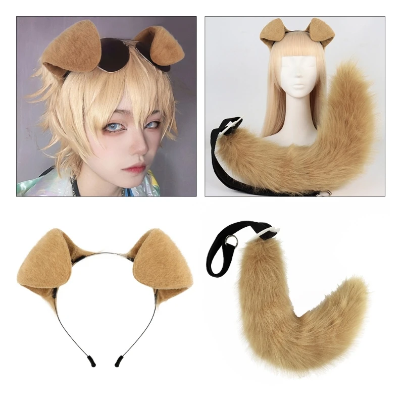 Opaska z uszami psa i ogon ze sztucznego futra na Halloween na imprezę Cosplay akcesoria do kostiumów rekwizyty pluszowy pies uszy zestaw ogona DXAA