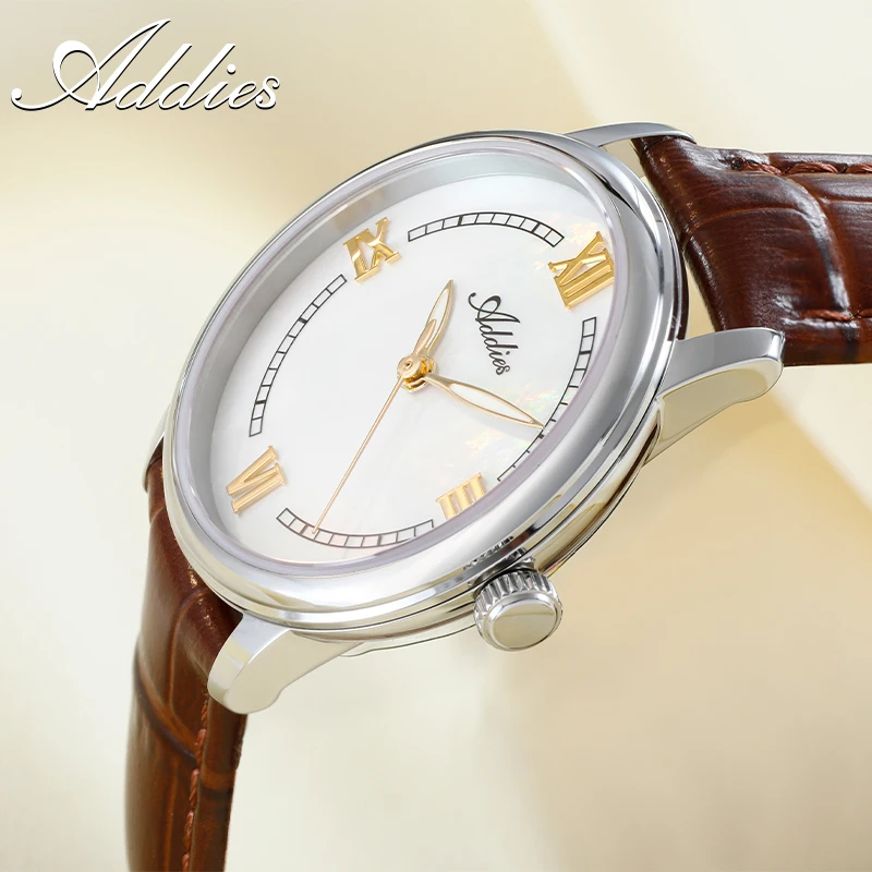 ADDIES Women Luxury Quartz Watch 31mm Sapphire Crystal Mother of Pearl Dial Brown Leather 50M Waterproof Ladies Dress Wristwatch