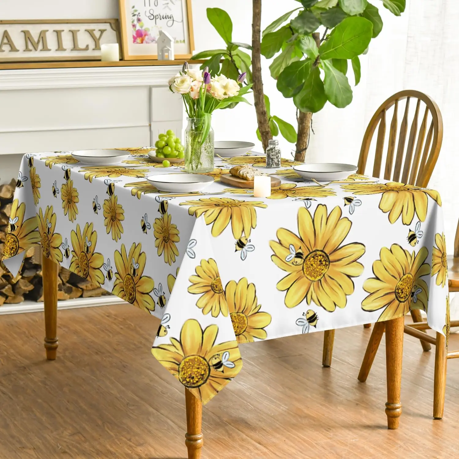 Spring Yellow Sunflower Printed Tablecloths Bumble Bee White Washable Table Cover for Kitchen Table Decor Wedding Party Decor