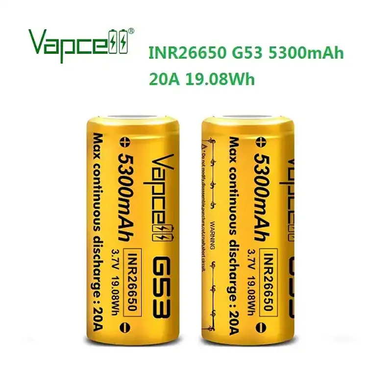 Original Vapcell G53 INR 26650 Battery 5300mAh Capacity 20A 3.7V Rechargeable Li ion Battery For Electric Bicycles Golf Carts