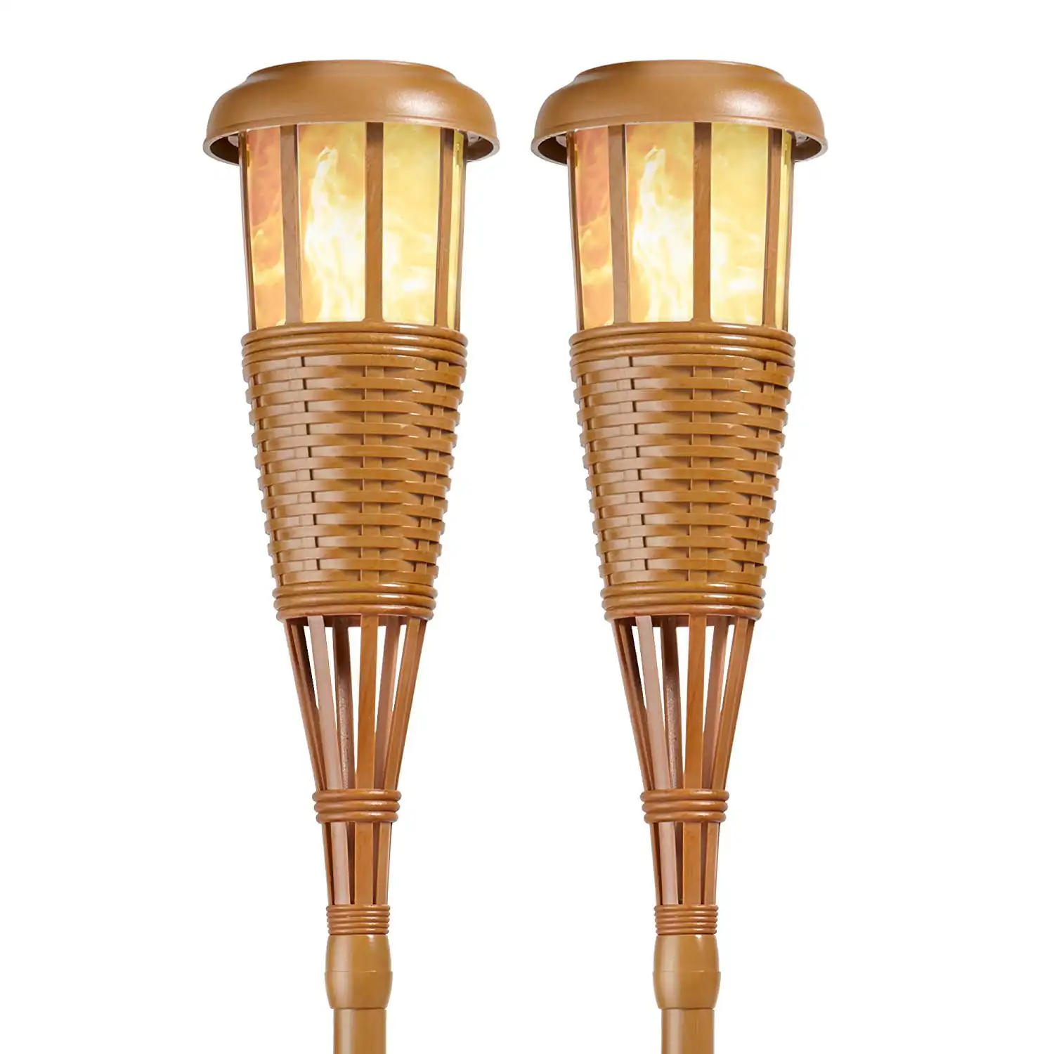 

Solar Flickering LED Island Torches, Dusk-to-Dawn Dancing Flame Outdoor Landscape Lighting, Bamboo Finish, 2-Pack