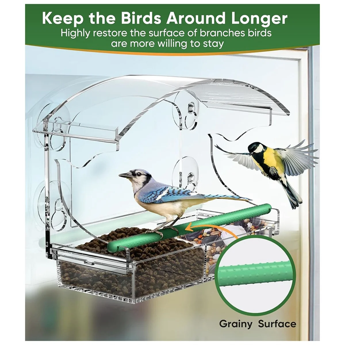 New Window Bird Feeder with 4 Strong Suction Cups, Clear Window Bird Feeder for Outside, Acrylic Bird House for Window