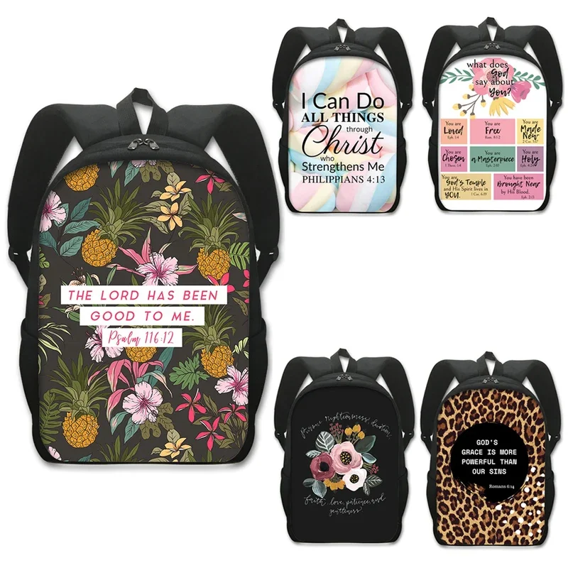 Mochilas escolares para crianças, mochila floral cristã para viagem, sacos para laptop para mulheres