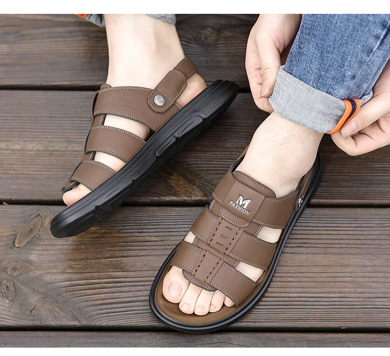 Herren Casual Leder-Strandsandalen Sommer Neue Atmungsaktive Leichte Rutschfeste Weichsohlige Slides für Spaziergänge und Outdoor-Sport – Detail 7
