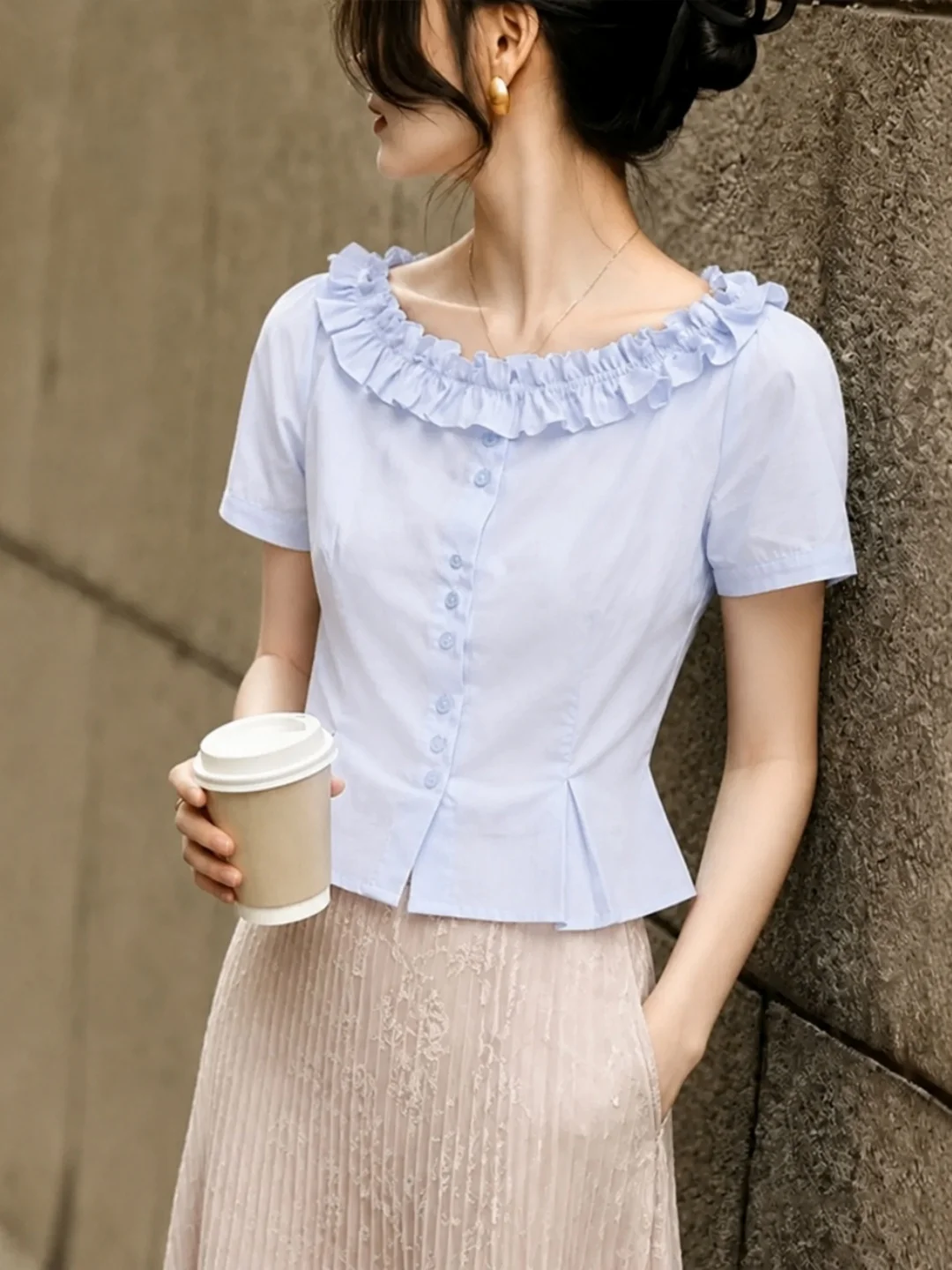 

Summer New Style Commuter Soft Breeze Unique Wood Grain Shirt Slimming Short Sleeve Versatile Top for Women
