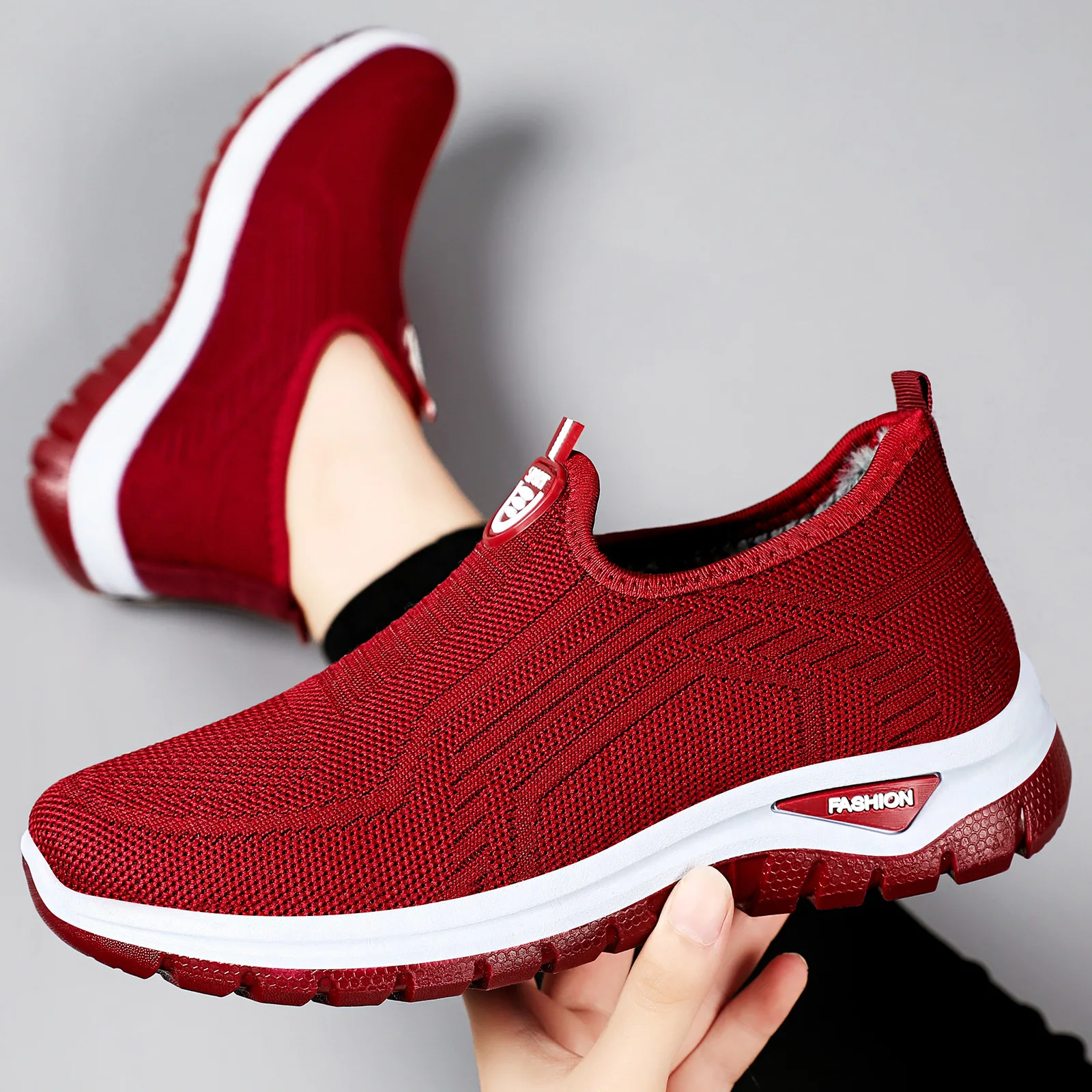 New wedge heel plush shoes women's knitted flats elderly woman casual daily shoes slip on grandma walking shoes plush size 42 43