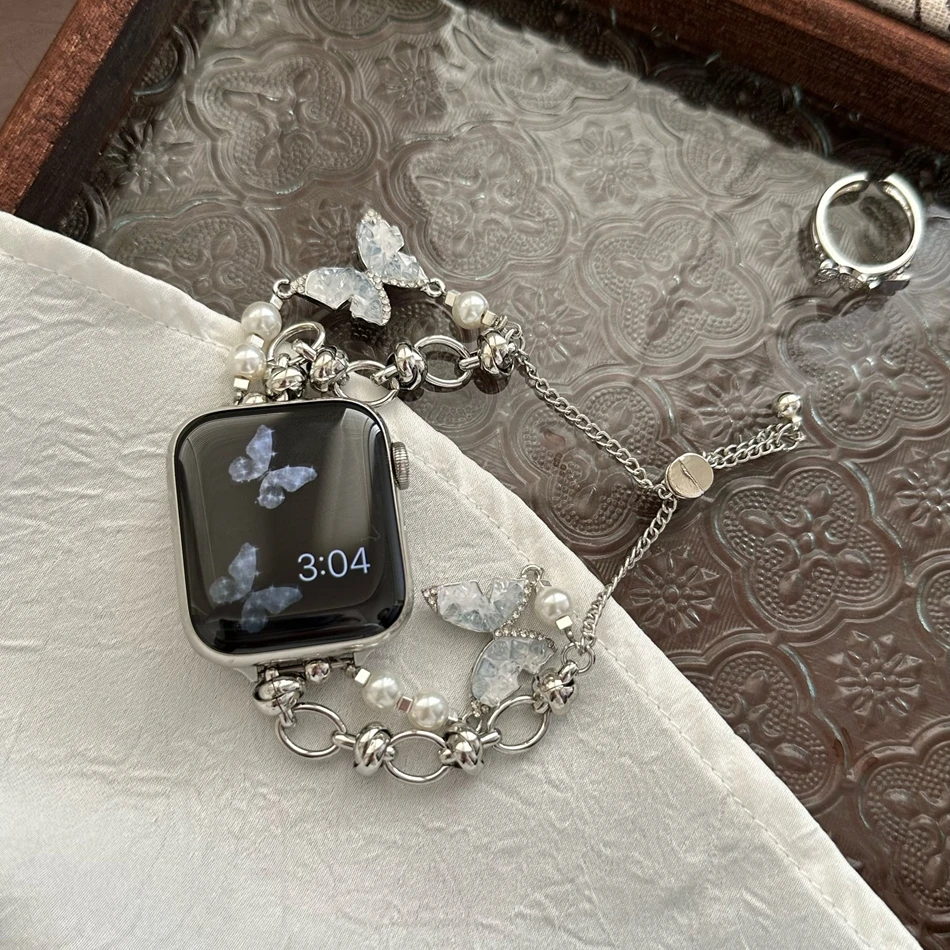 Luxuriöses Kristall-Schmetterlingsarmband für Apple Watch Band S11/10/9/8/7/SE/6/5/Ultra 3 Uhr 49/46/45/44/42/41/40/38 mm Perlenarmband – Detail 6