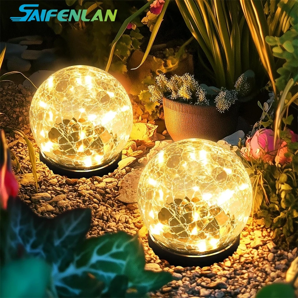 

10/12CM Garden Cracked Glass Solar Lights Outdoor Decorative Solar Globe Ball Lights for Yard Pathway Patio Lawn Outside Decor