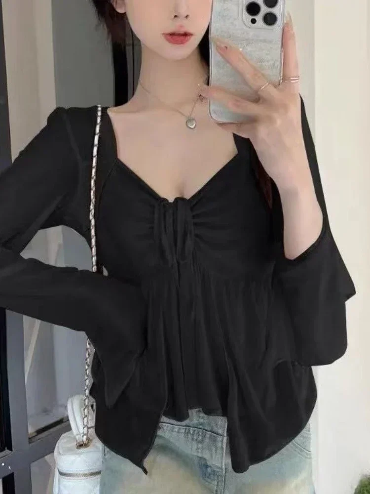 

Однотонные рубашки нестандартной формы для женщин, блузки с тонкой талией и квадратным воротником, 2024, Blusas De Mujer, винтажная корейская бандажная блузка, плиссированный топ