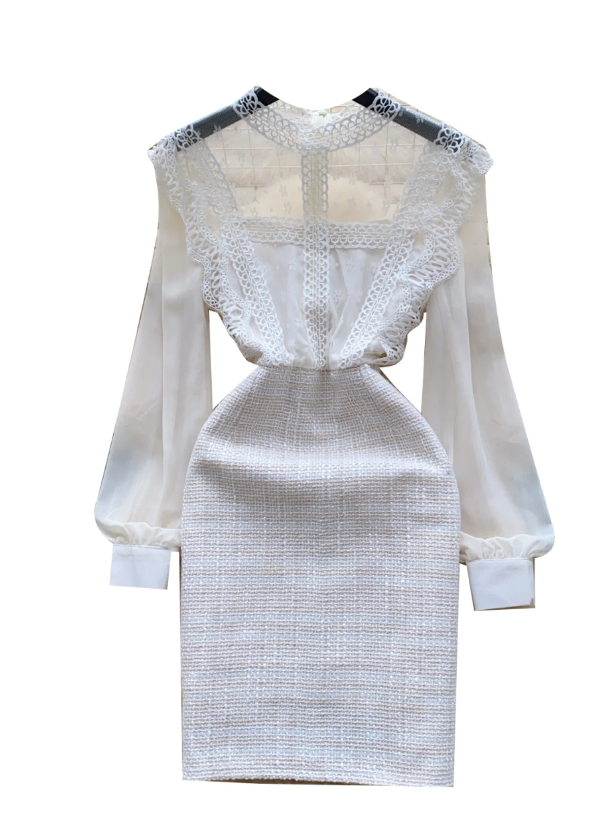 エレガントなメッシュ花柄刺繍Aラインミディドレス レディース 秋 ハイウエストデザイン スプライススリムスカート 韓国風通勤