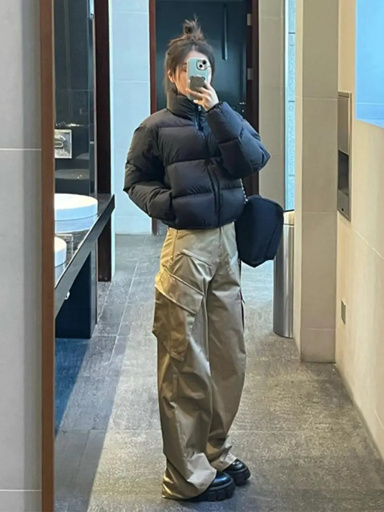 

Черная короткая женская пуховая куртка из хлопка с воротником-стойкой, теплая, зимняя, модная, элегантная, маленького размера, в корейском стиле