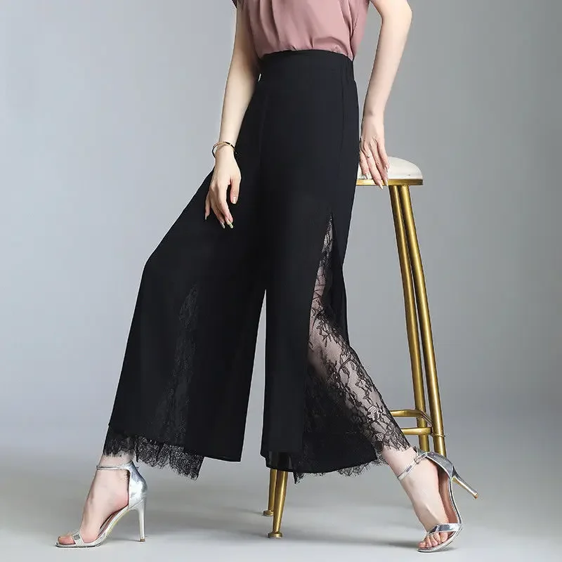 

Women Split Lace Patchwork Elegant Straight Wide Leg Cropped Trousers Female Summer Black Loose High Waist Thin Pants Pantalones