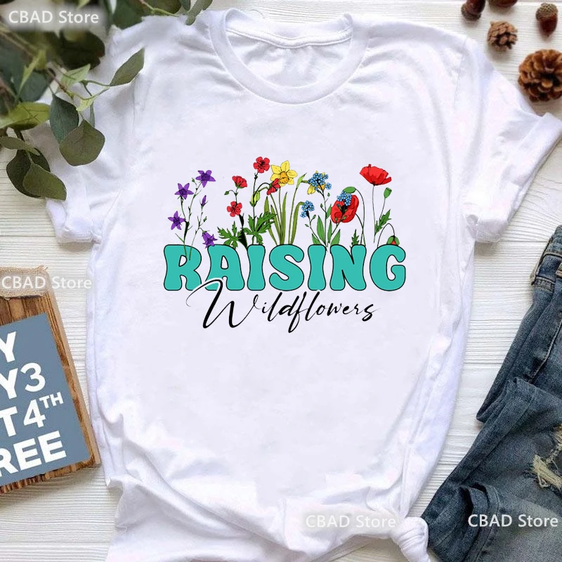 

2024 Raising Wildflowers Print Tshirt Women Cute Floral Mom Of Girls Gift T Shirt Femme Summer Fashion Short Sleeve T-Shirt