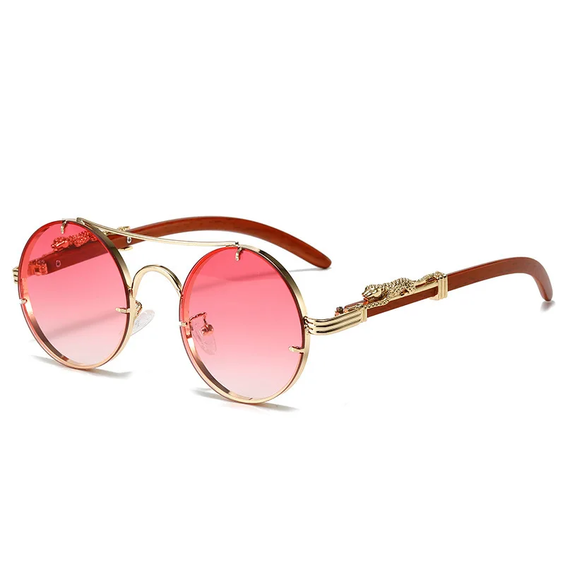 

Fashion Double Beam Metal Retro Round Frame Sunglasses for Women Creative Fashion Trend Decoration Leopard Head Sunglasses