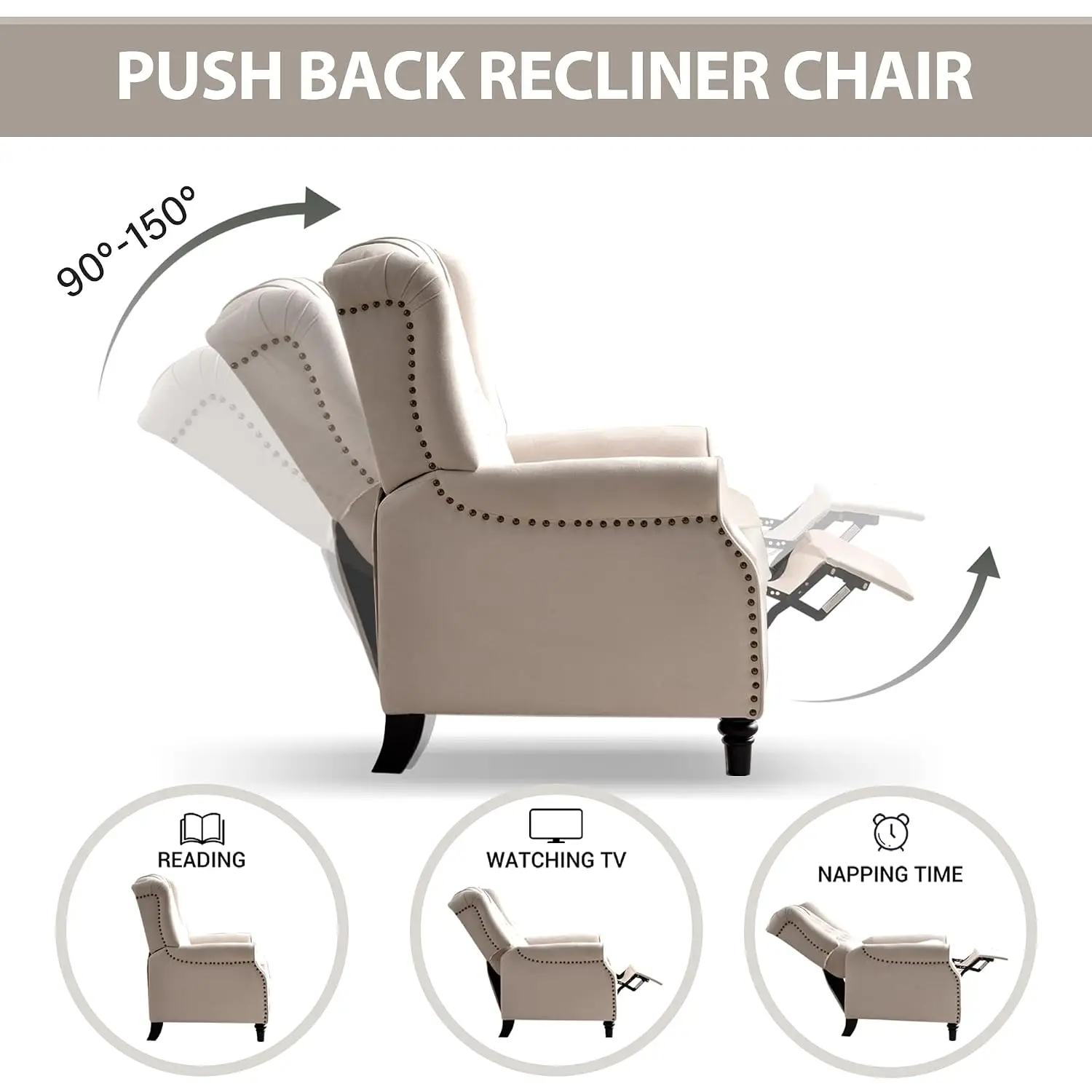 Fabric Wingback Recliner Chair Set Of 2, Push Back Living Room Seat, Beige, Customized