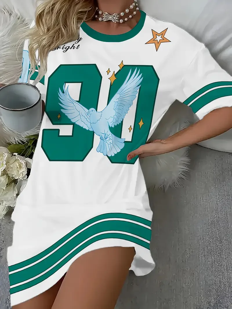 Letnia damska sukienka T-shirt plus size, codzienna, z nadrukiem Gołębia Pokoju nr 23, damska sukienka wkładana przez głowę z krótkim rękawem, odzież damska.