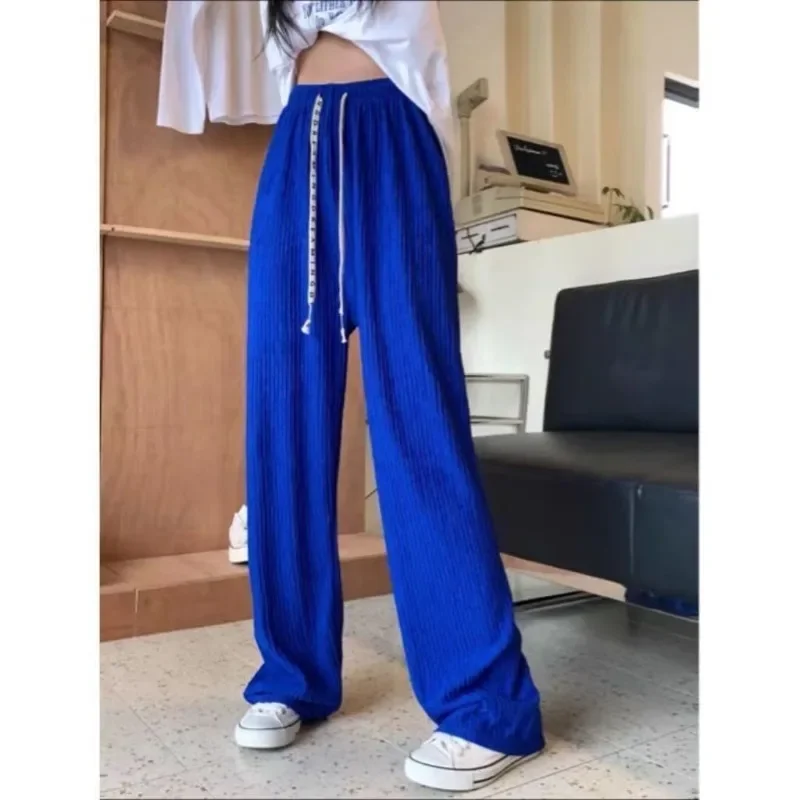Autumn and Winter Women\'s Solid Color Elastic Lace Up High Waist Loose Long Wide Leg Fashion Casual Elegant Commuter Pants