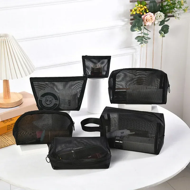 Bolsas de maquillaje de malla negra para mujer, estuche de aseo con cremallera, organizador de viaje para niña, kit de bolsa de aseo