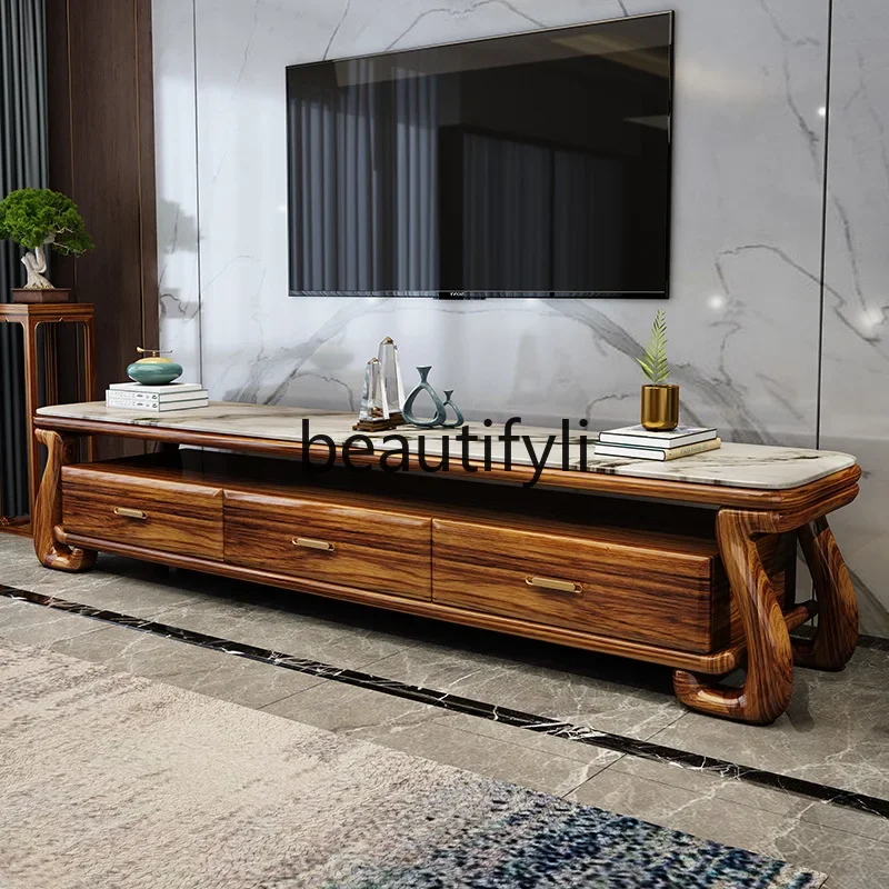 Modern new Chinese ebony coffee table TV cabinet combination living room household round marble ebony