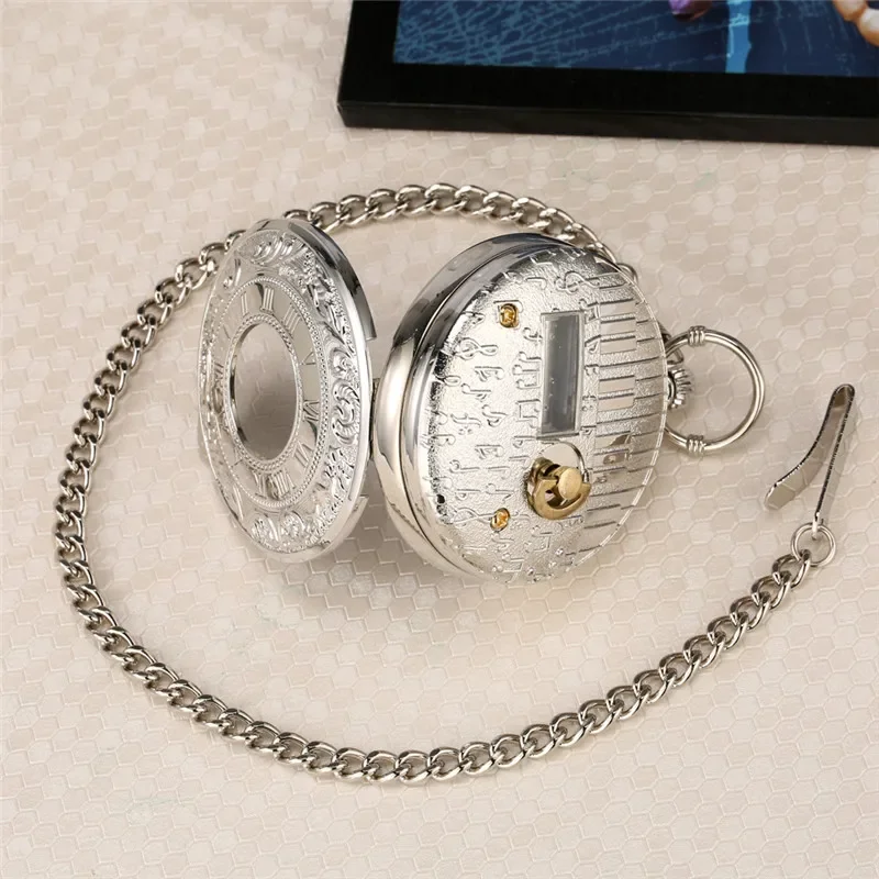 Silver Musical Pocket Watch Manually Playing Swan Lake Song Unisex Quartz Watches Roman Number Dial Pendant Chain Clock