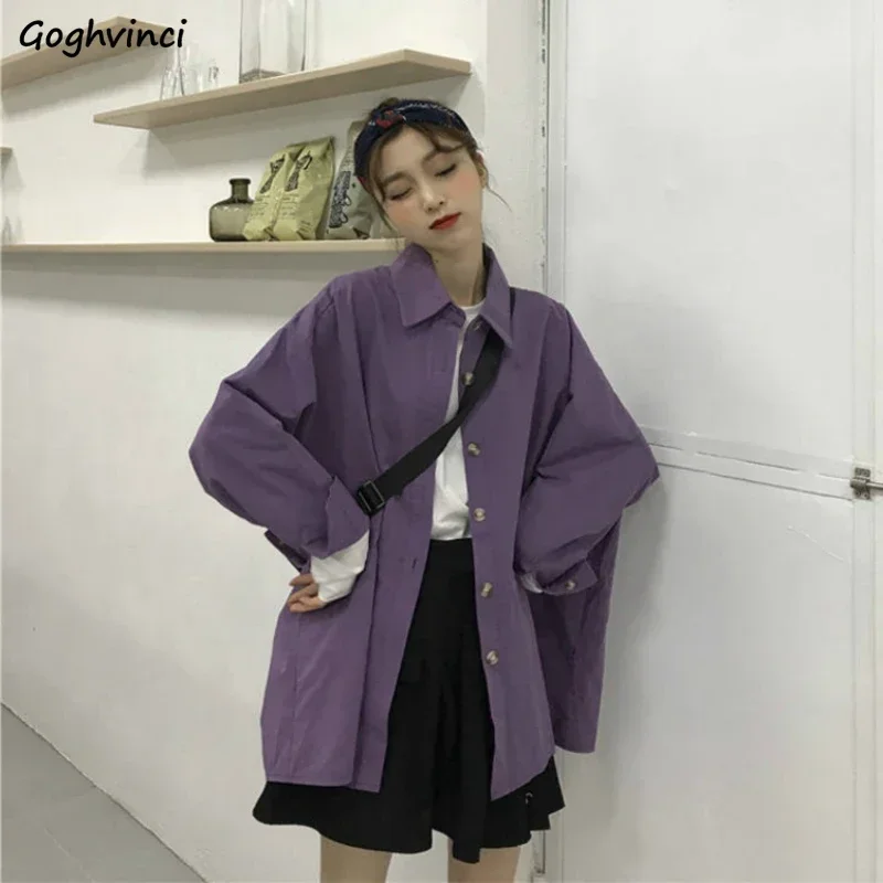 Blouses Women Long Sleeve Shirts Spring Harajuku Loose Turn-down Collar Solid Chic Leisure BF Vintage Purple  All-match New