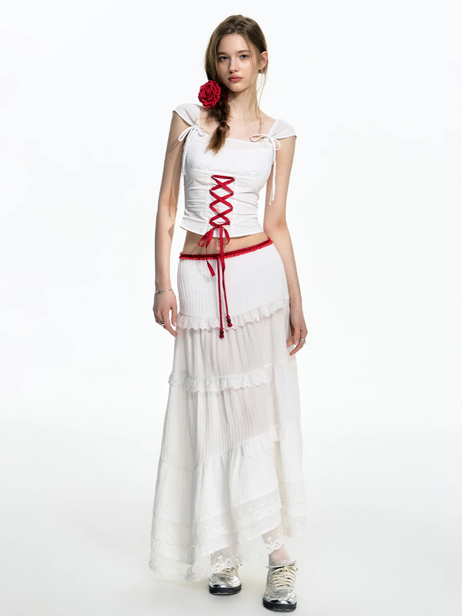 REDDACHiC Lace-up Crop Top Cake Skirt Set Women Summer Casual Striped White Top Lace Trim Maxi Long Skirt Holiday Boho Clothes