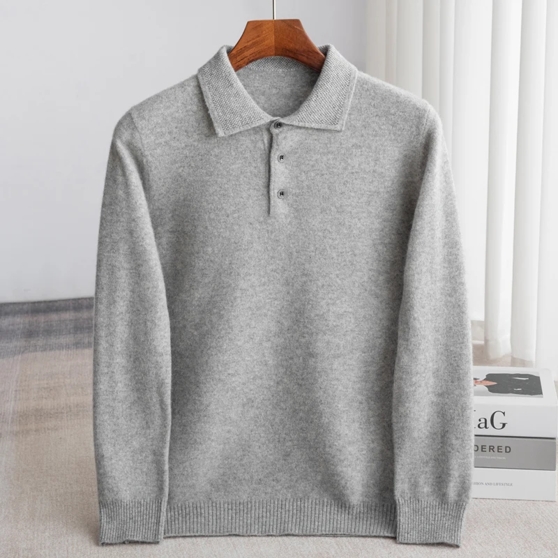 100% Australian wool men's lapel pullover long sleeved polo collar sweater loose top business casual knit base sweater