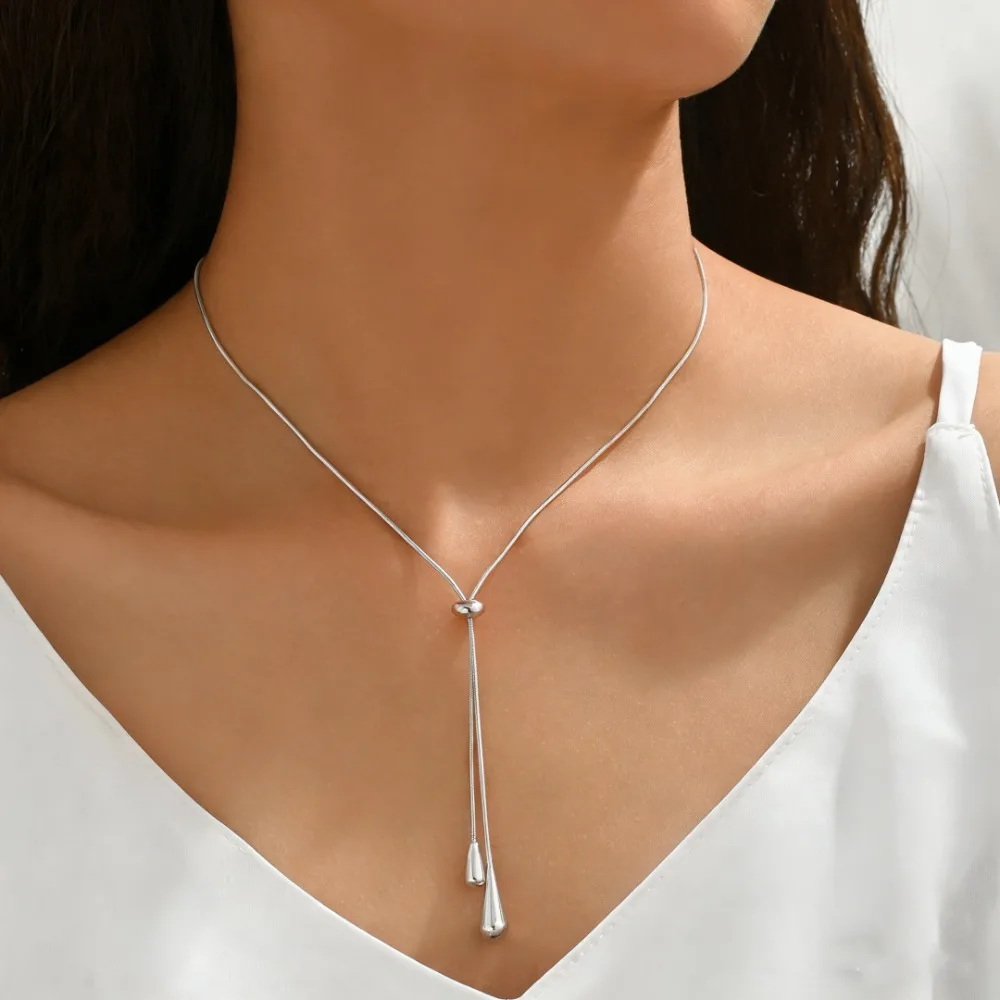 Exquisite Minimalist Adjustable Waterdrop-shaped Pendant Drawstring Snake Chain Necklace for Women Banquet Dinner Jewelry Gift