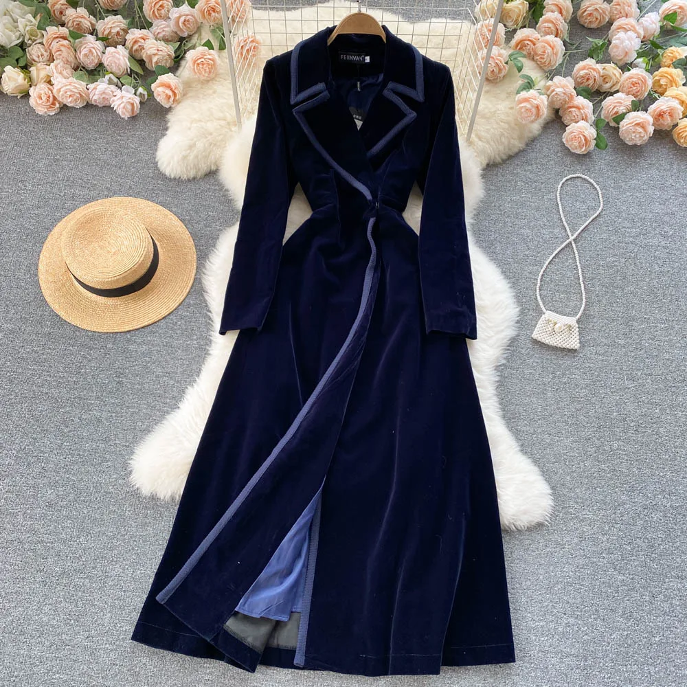 

Autumn Winter Long Velvet Windbreaker Women's Knee-Length Coat Ele Loose Fit Slimming Trendy Double-breasted Korean Sle